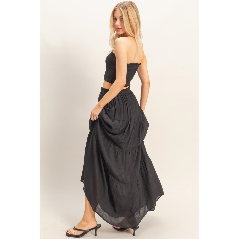 HYFVE Black  Smocked Crop Top & Tiered Rayon Blend Maxi Skirt 2-Piece Set - Picture 4 of 8